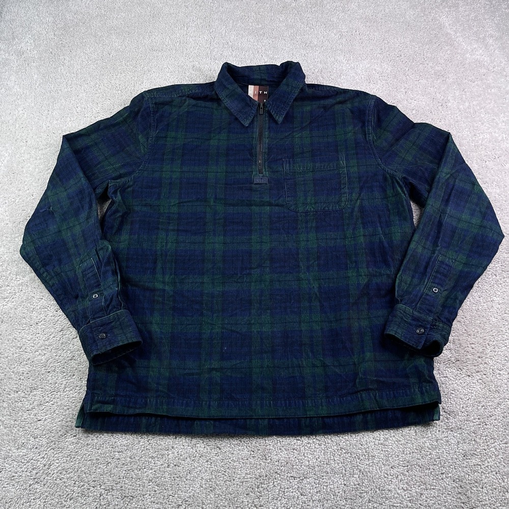 Kith Shirt Mens Small Blue Green Plaid Corduroy Quarter Zip Pullover Black Watch